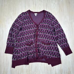 LOGO by Lori Goldstein Geometric V-Neck Button Up Casual Cardigan Sweater Large